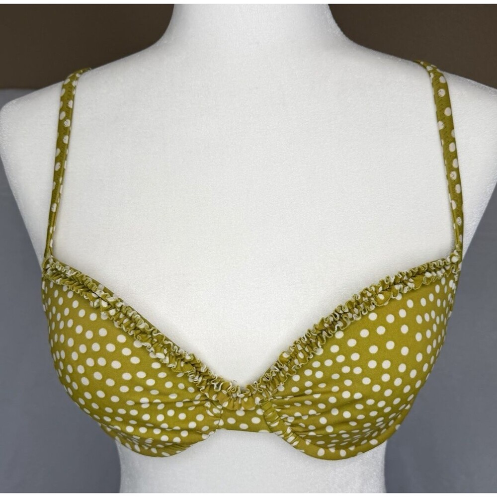 J Crew Bikini Top Swimsuit Sz 10 Chartreuse Green Polka Dot Ruffle Trim TOP ONLY